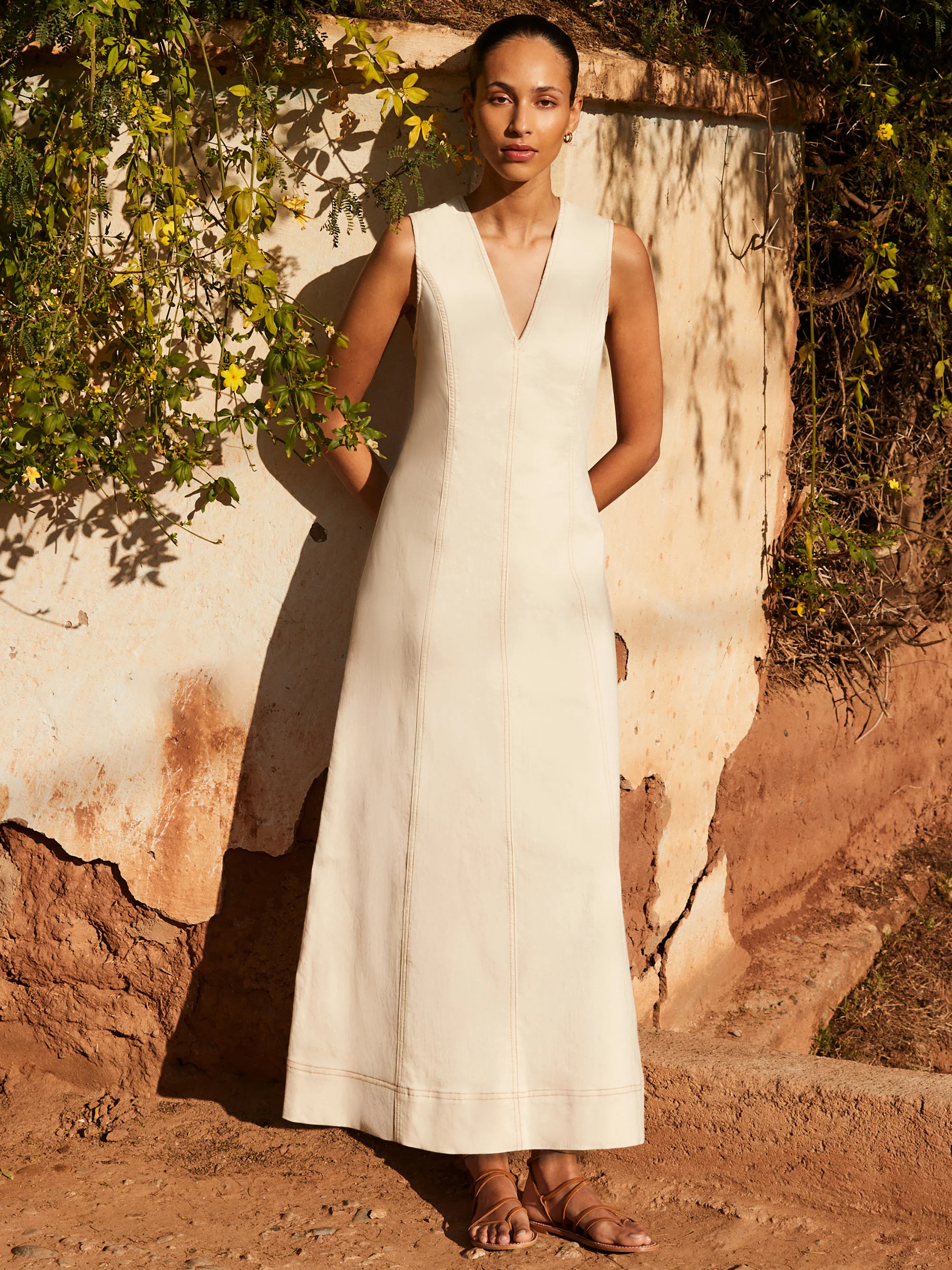 Ecru V-Neck Denim Maxi Dress