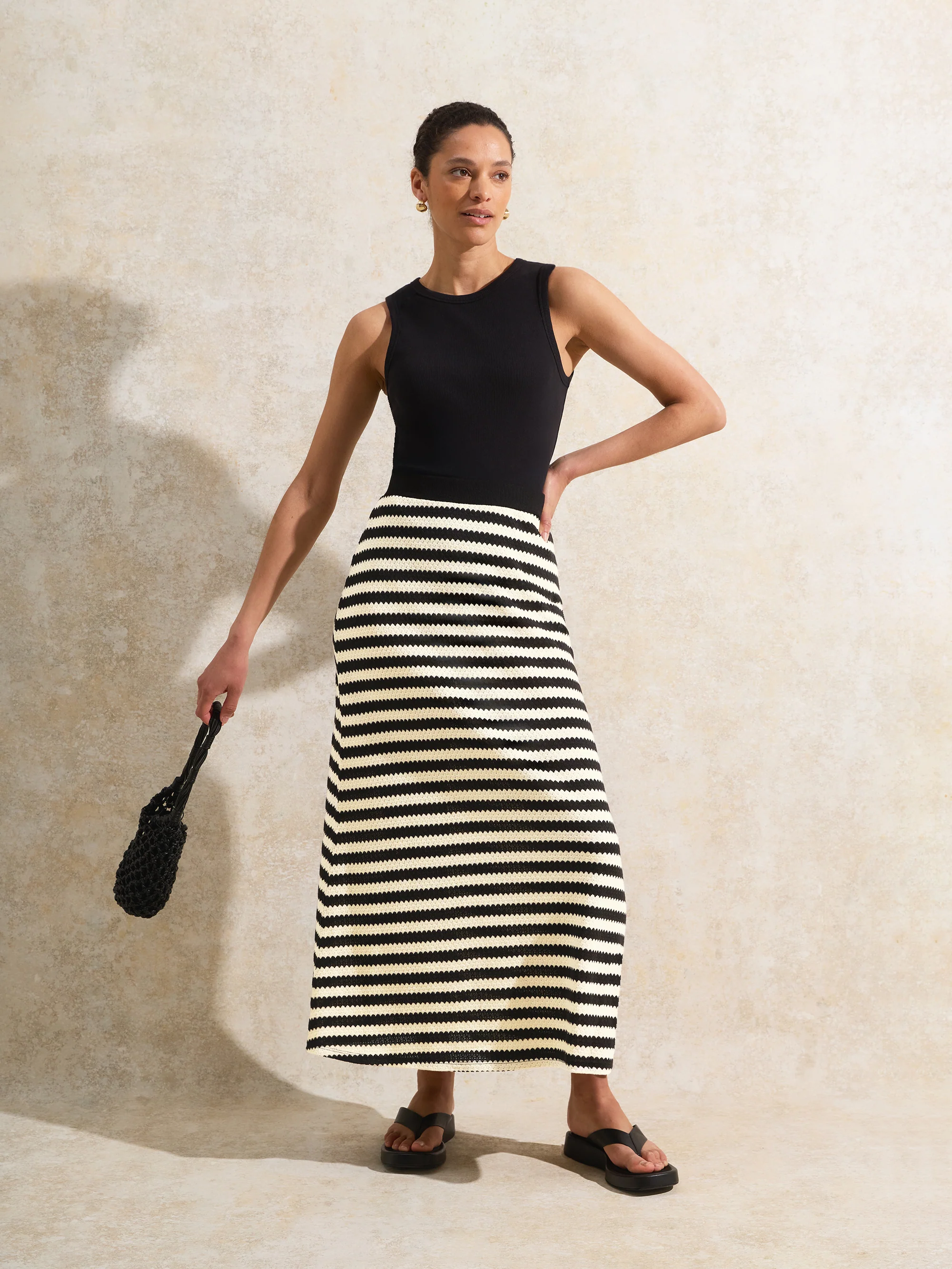 Mono Chevron-Stripe Knitted Midaxi Skirt