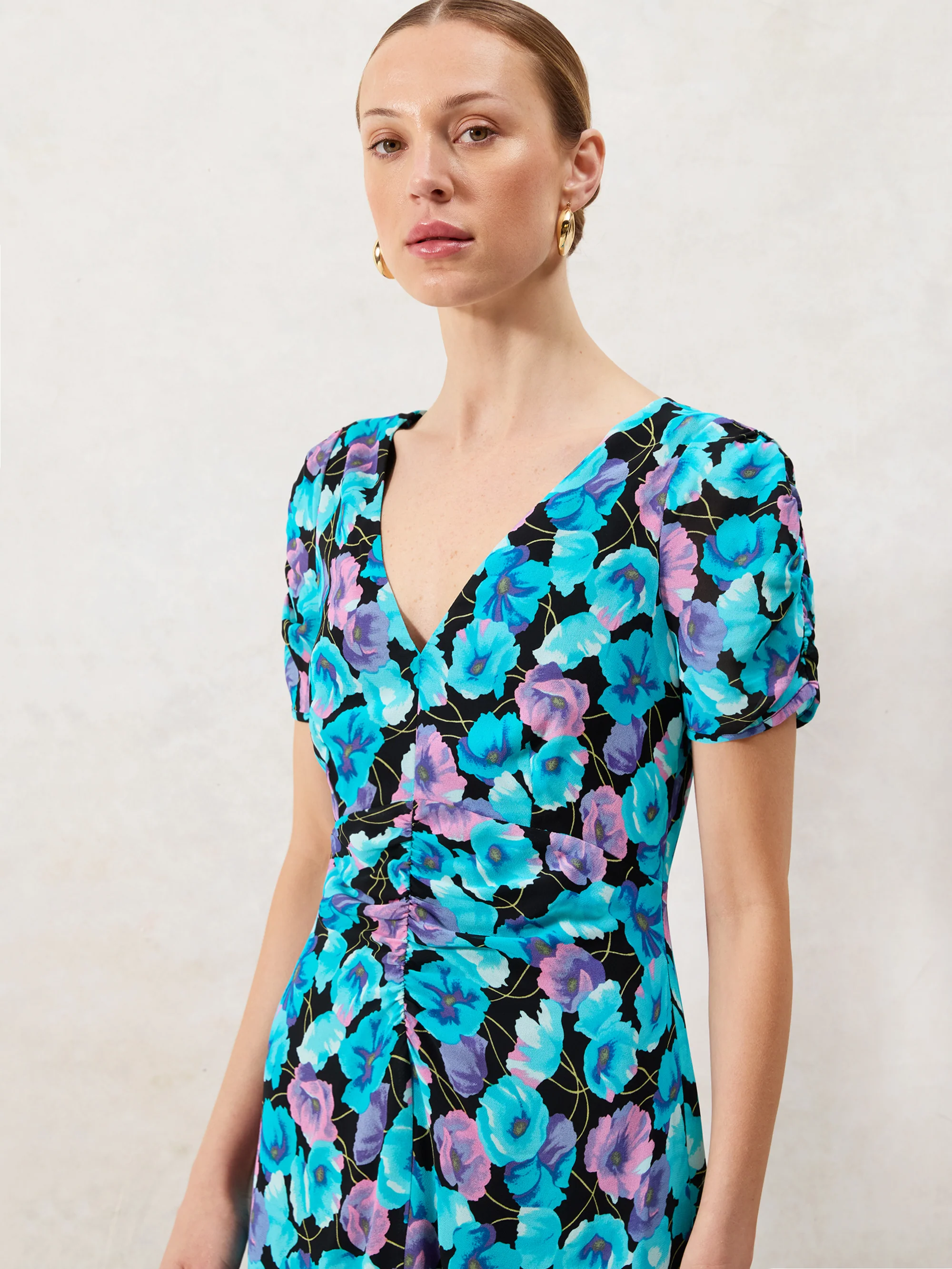 Mia Blue Floral Frill Front Midi Dress