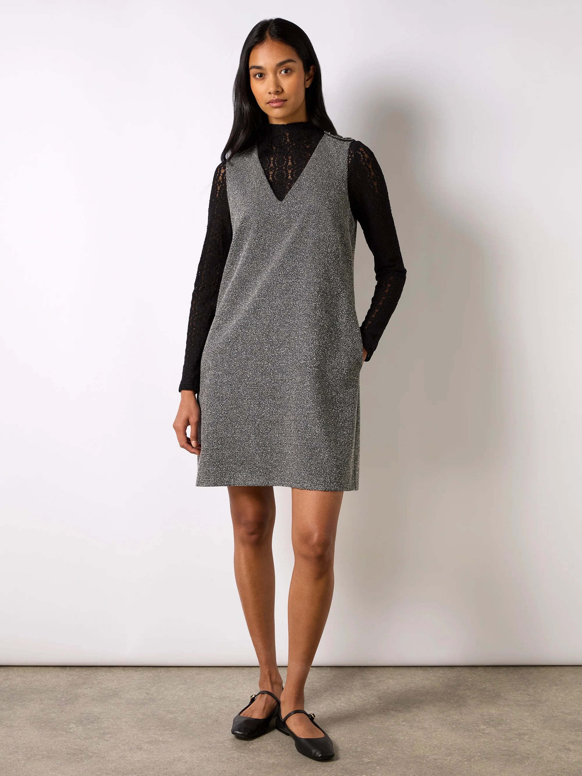 Grey Textured V-Neck Mini Dress