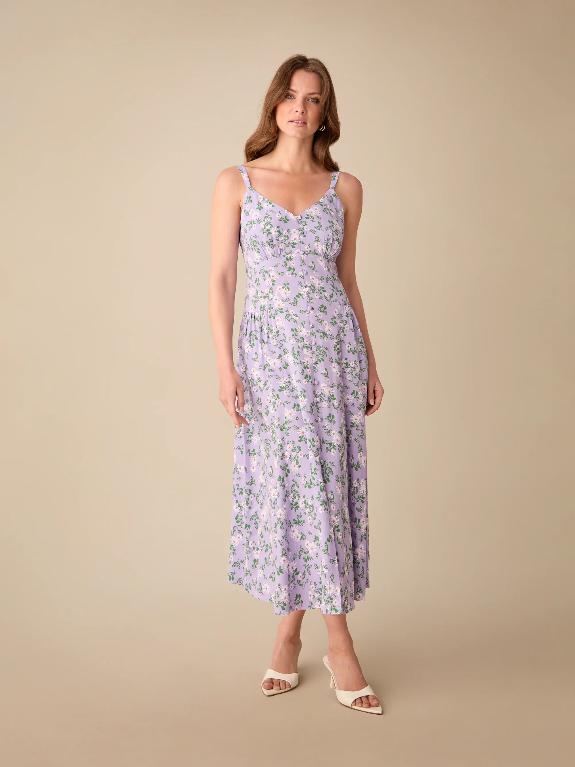 Petite Lilac Daisy Print Strappy Button Through Dress