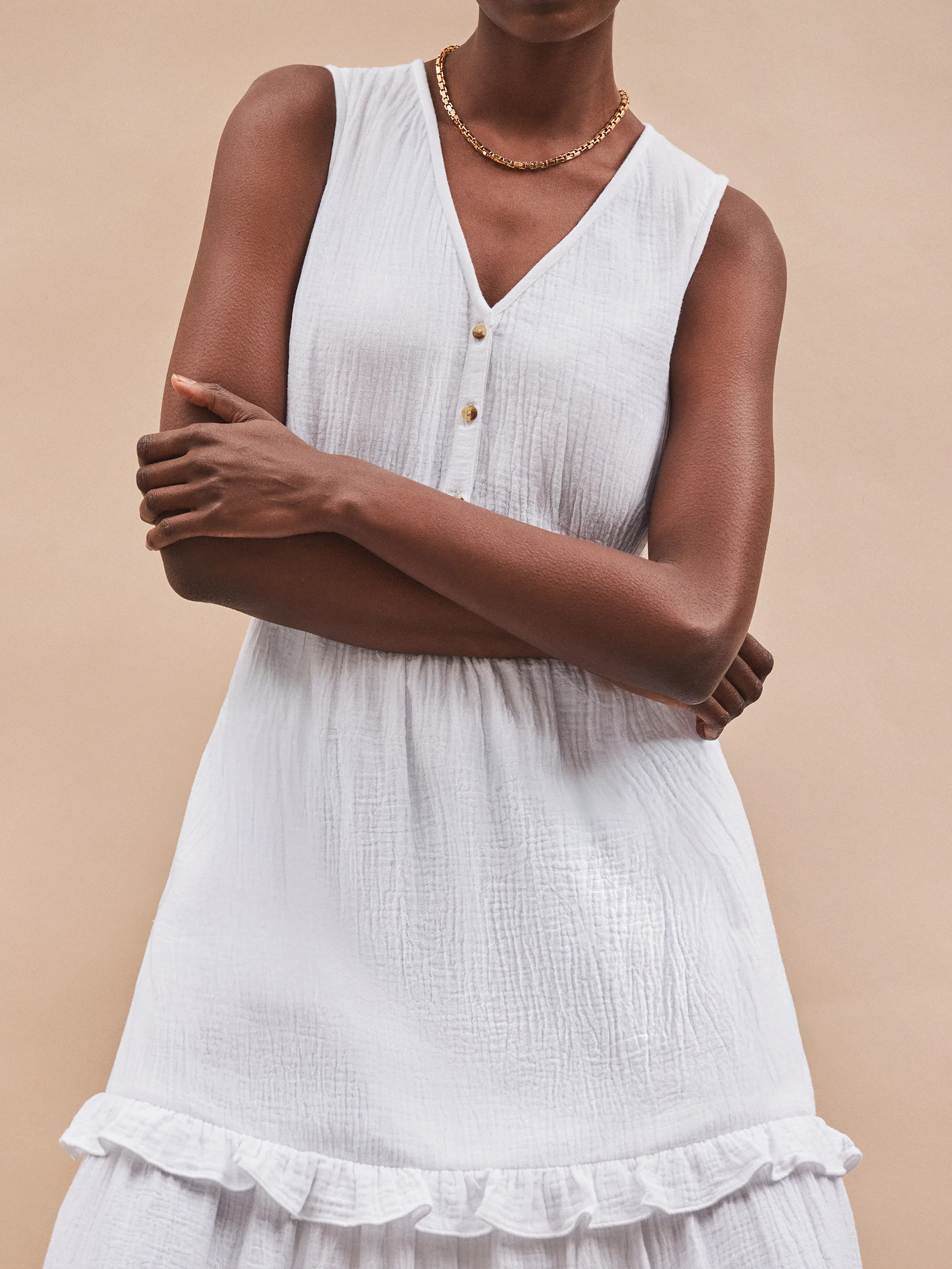 White V-Neck Cheesecloth Midaxi Dress