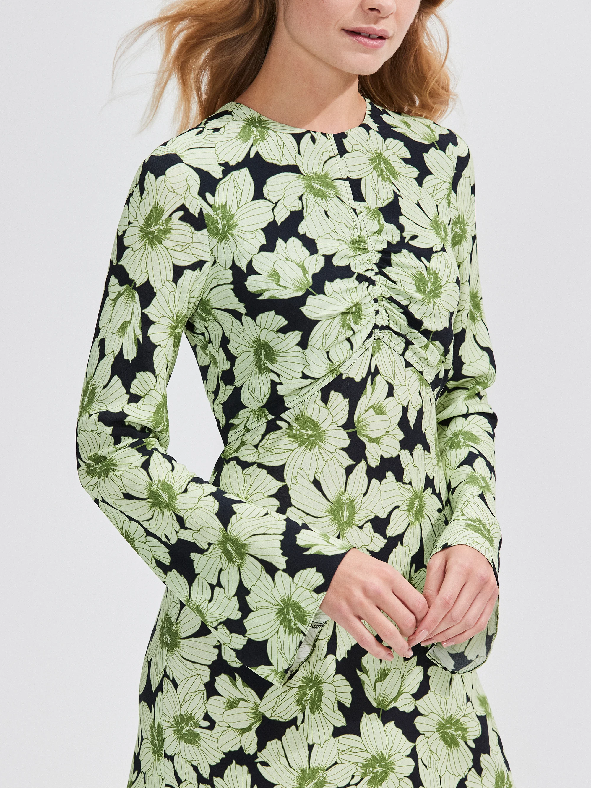 Green Floral Flute Sleeve Dress