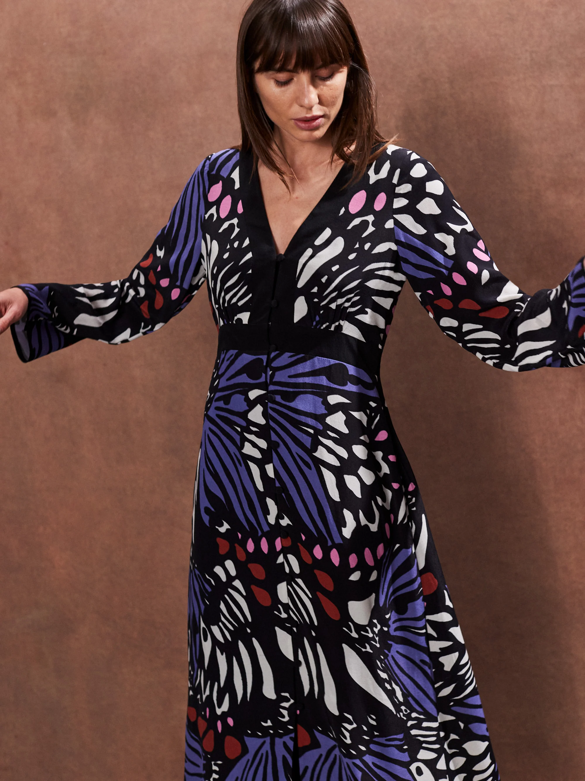 Petite Purple Multi Butterfly Print Button Through Dress