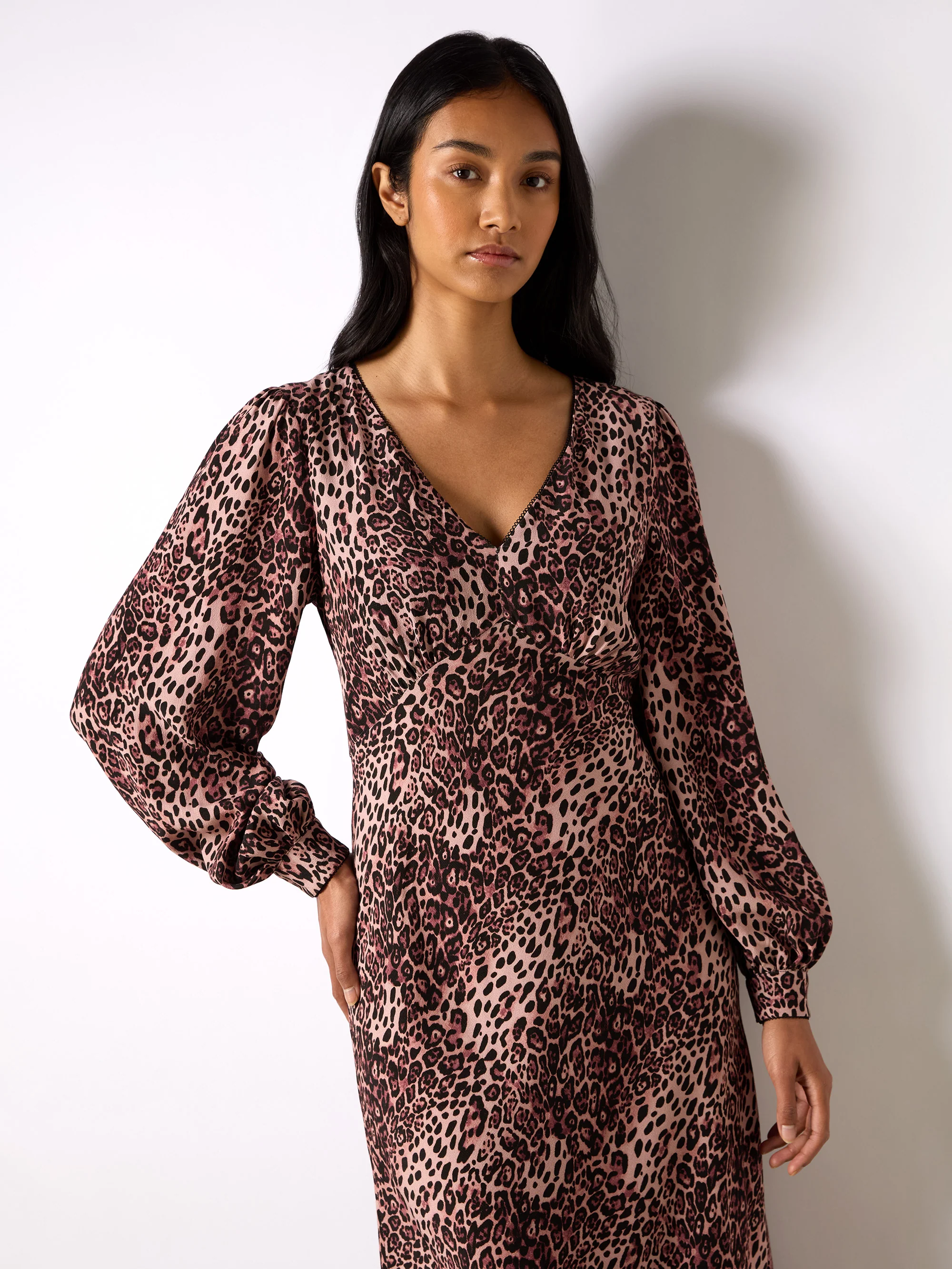 Pink Leopard Print V-Neck Midi Dress