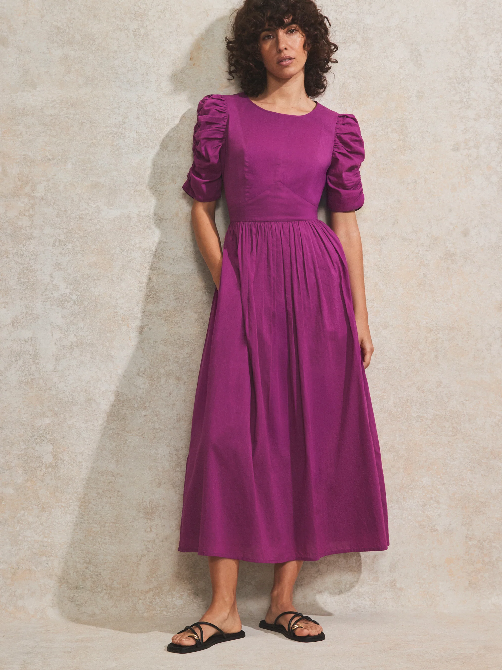 Magenta Gathered-Sleeve Cotton Voile Midi Dress