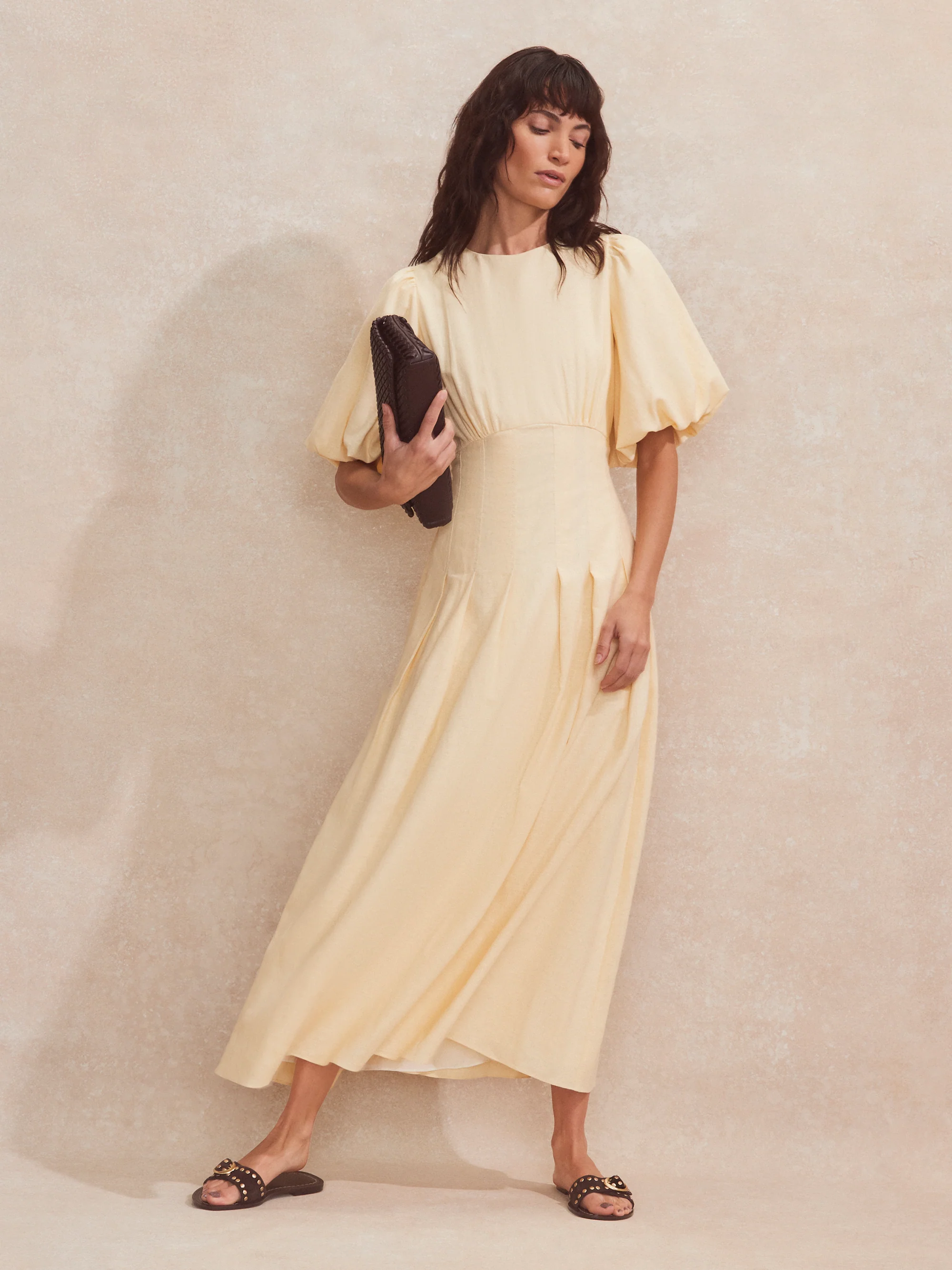 Buttermilk Pleat Detail Linen Blend Dress