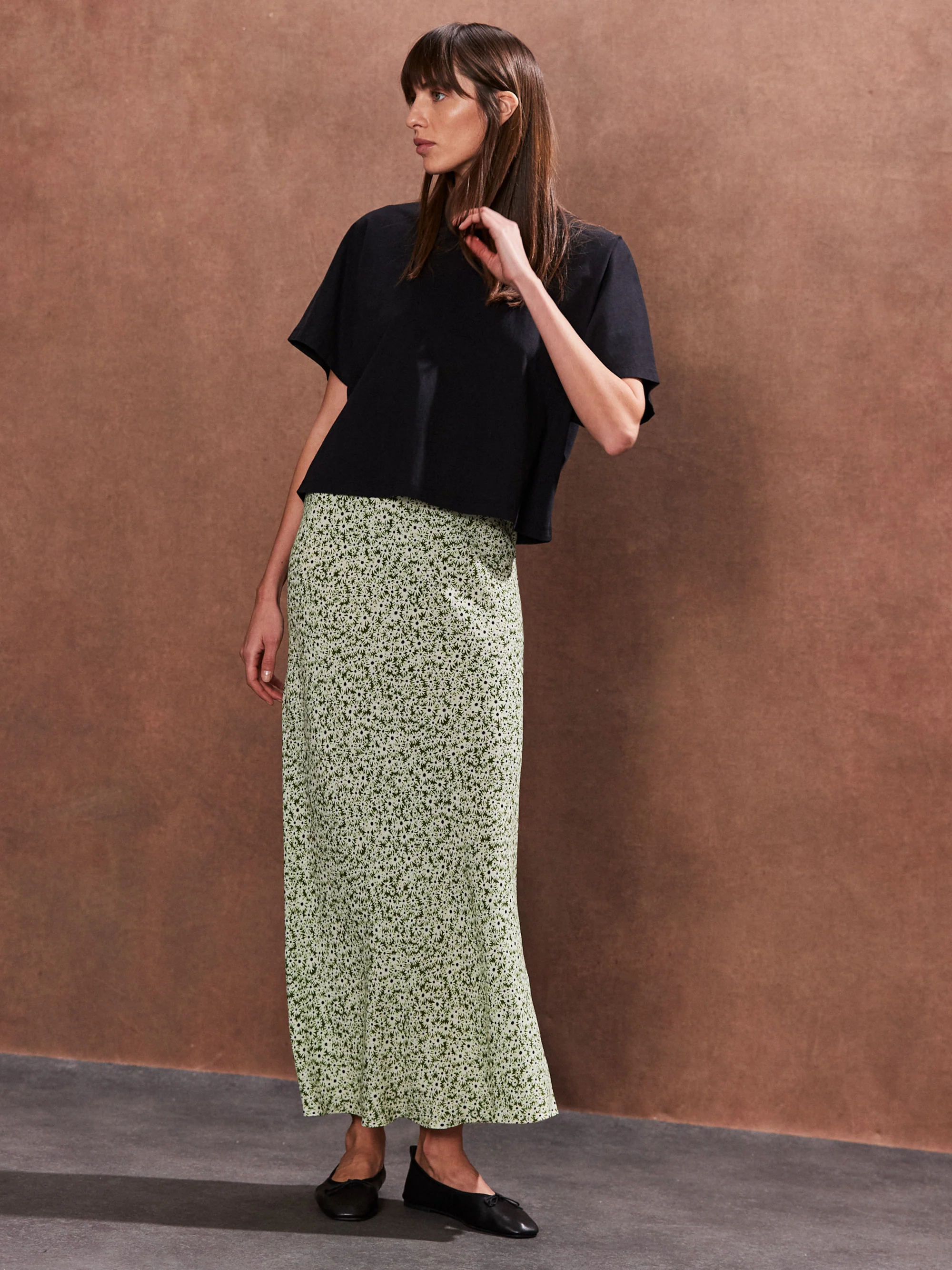 Petite Green Ditsy Bias Cut Maxi Skirt