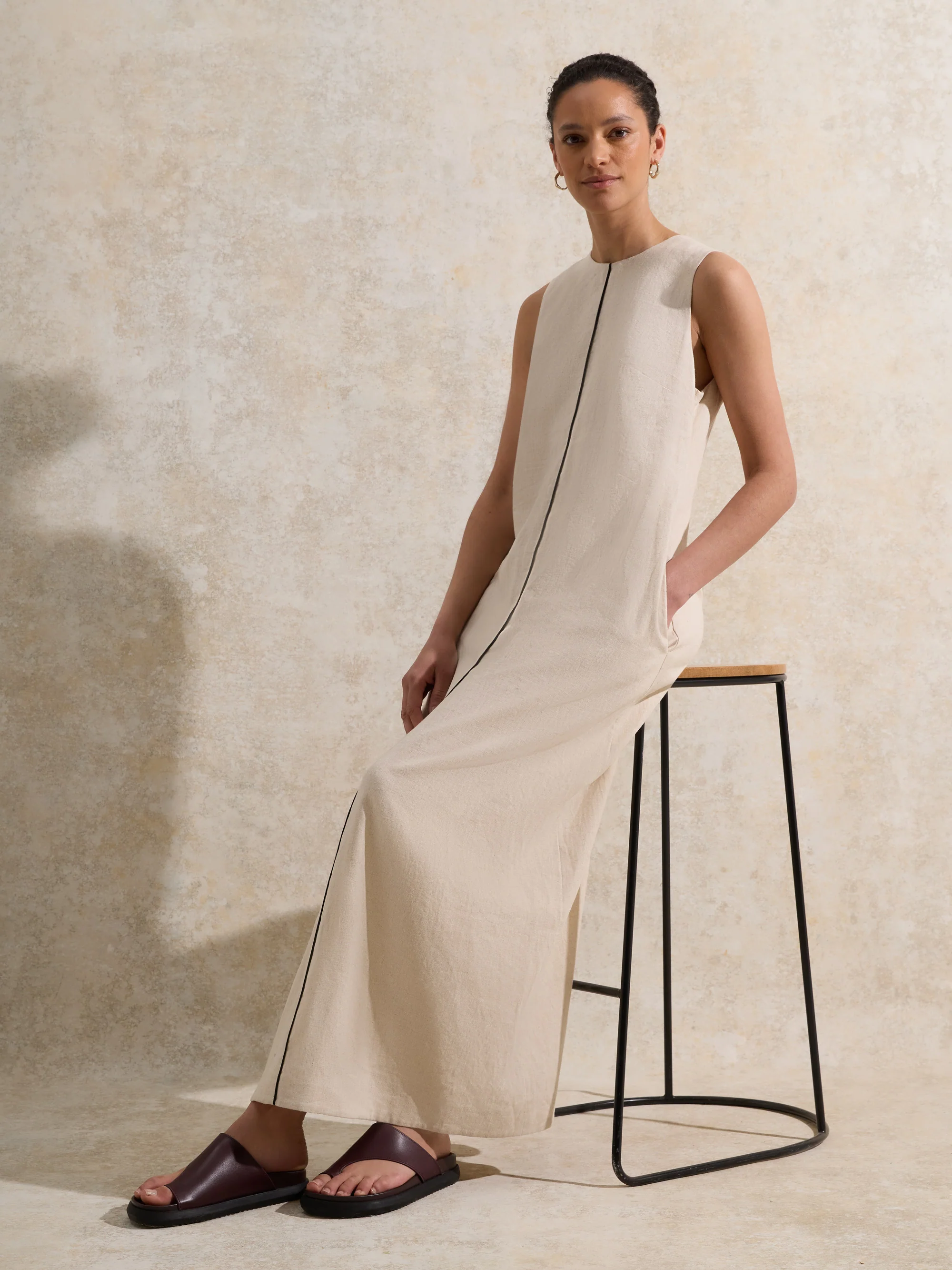 Ecru Piped-Detail Linen-Blend Maxi Dress