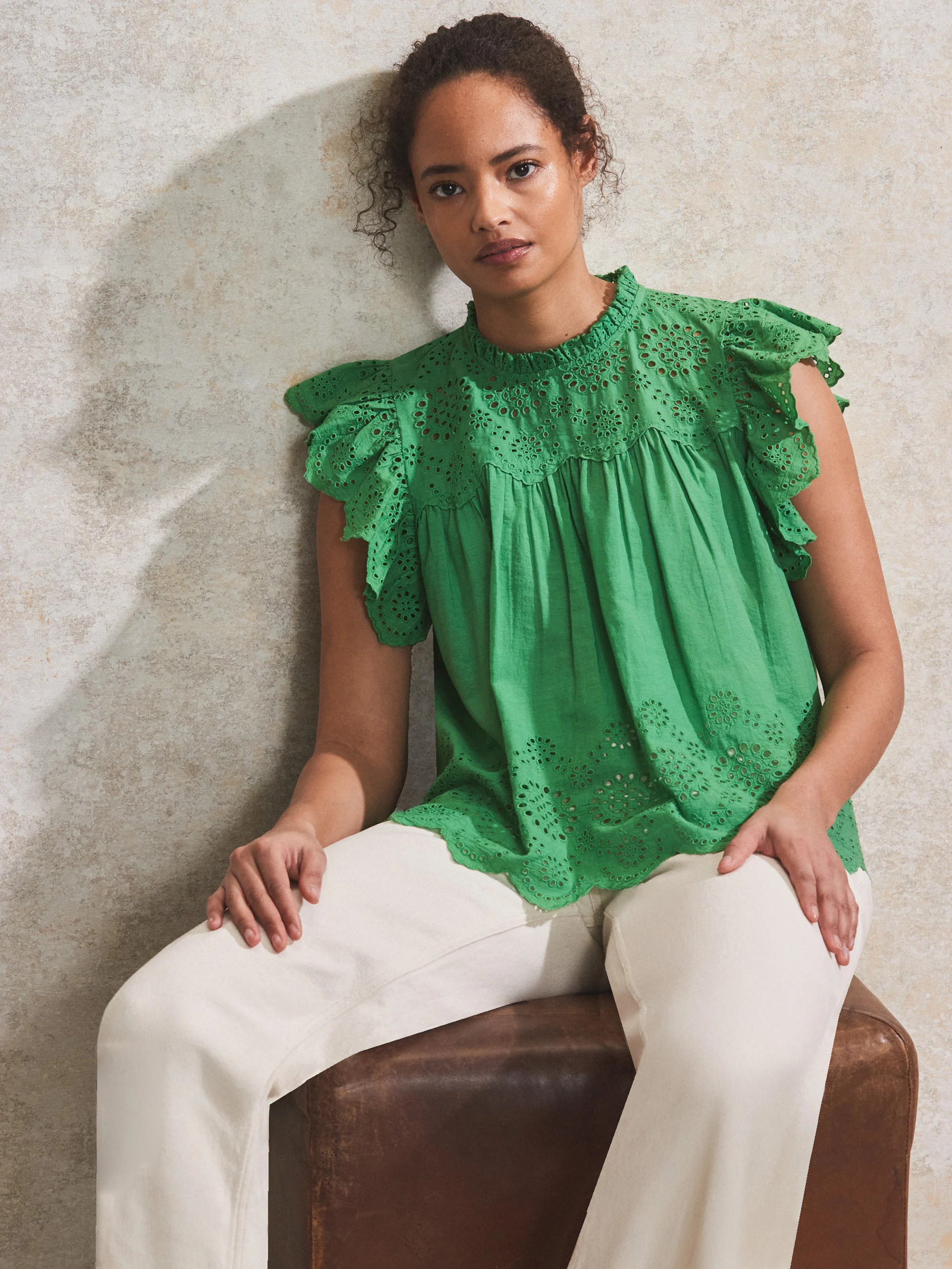 Green Broderie Flutter Sleeve Top
