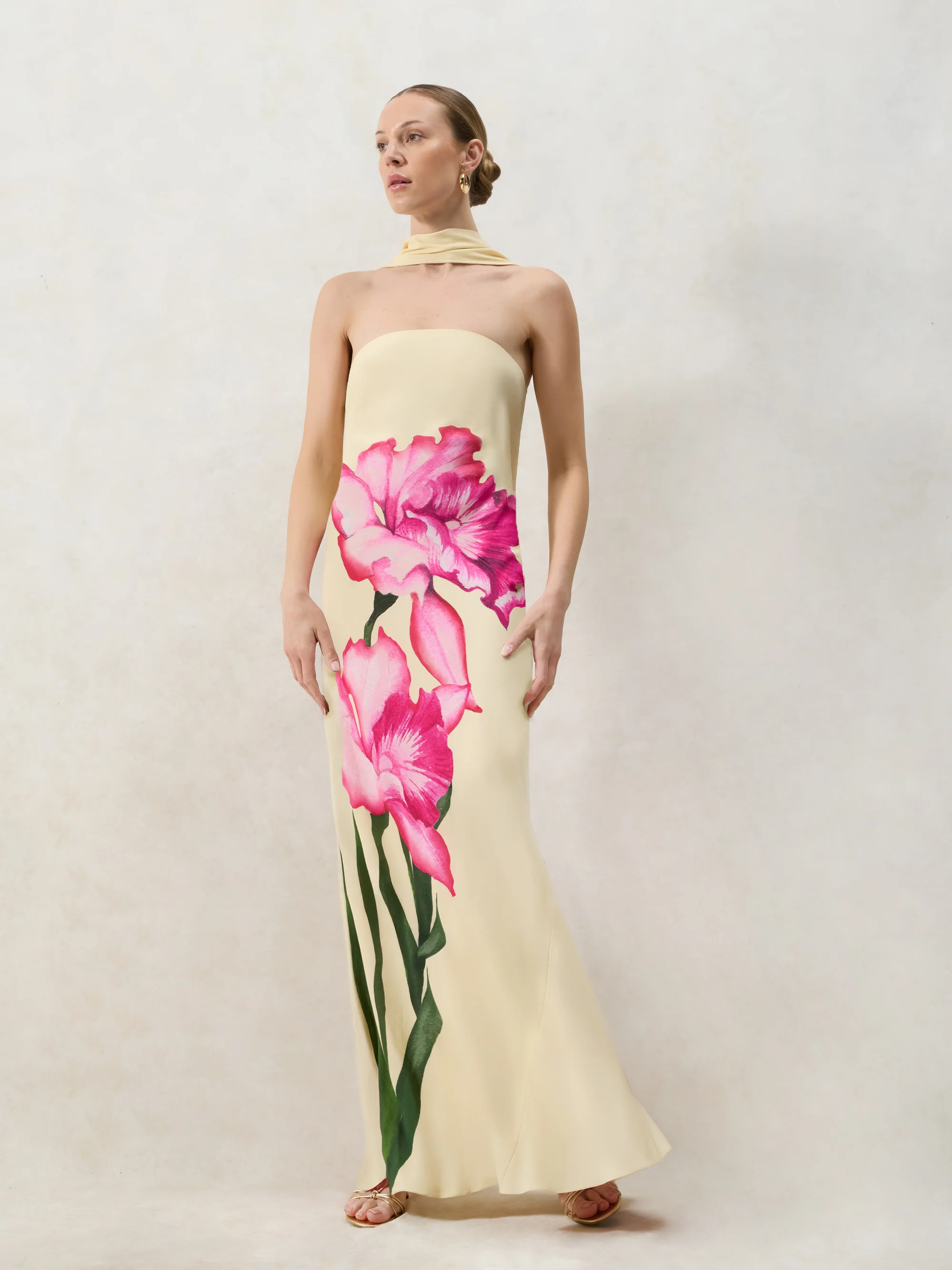 Petite Aurora Yellow Floral Scarf Detail Bandeau Dress